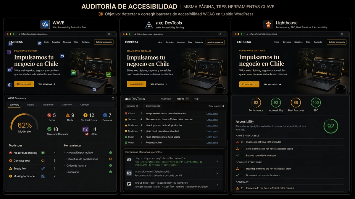 Comparativa visual de una auditoria de accesibilidad en WordPress con WAVE, axe DevTools y Lighthouse sobre una pagina de negocio