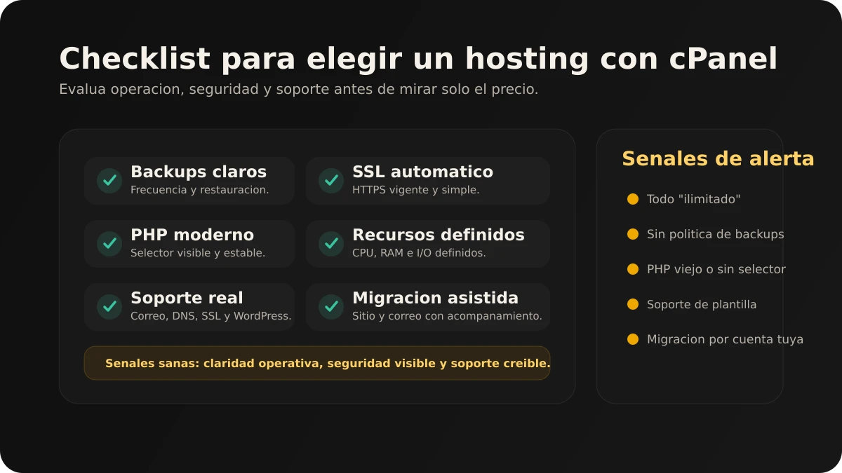 Checklist visual para evaluar un hosting con cPanel segun backups, SSL, versiones de PHP, recursos, soporte y migracion