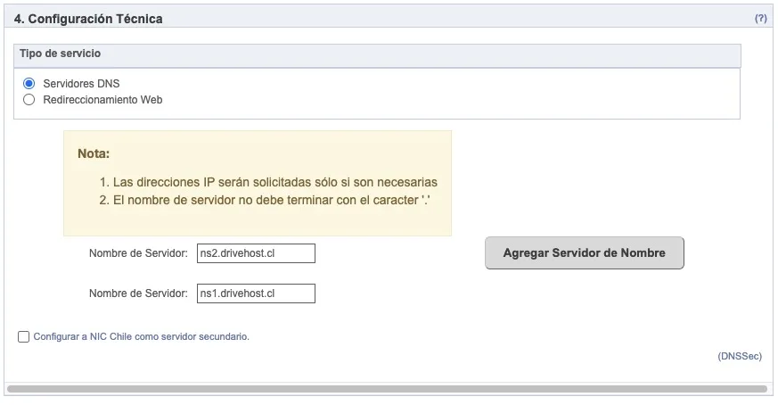 Pantalla de configuracion de servidores DNS en NIC Chile