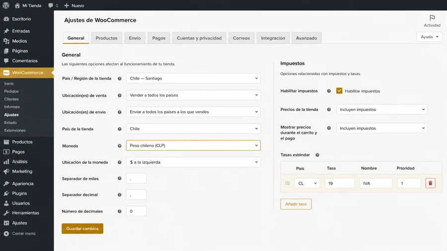 Configuración de moneda CLP e IVA 19% en los ajustes de WooCommerce para una tienda chilena