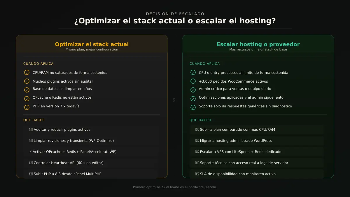Decisión: optimizar el stack actual vs escalar el hosting