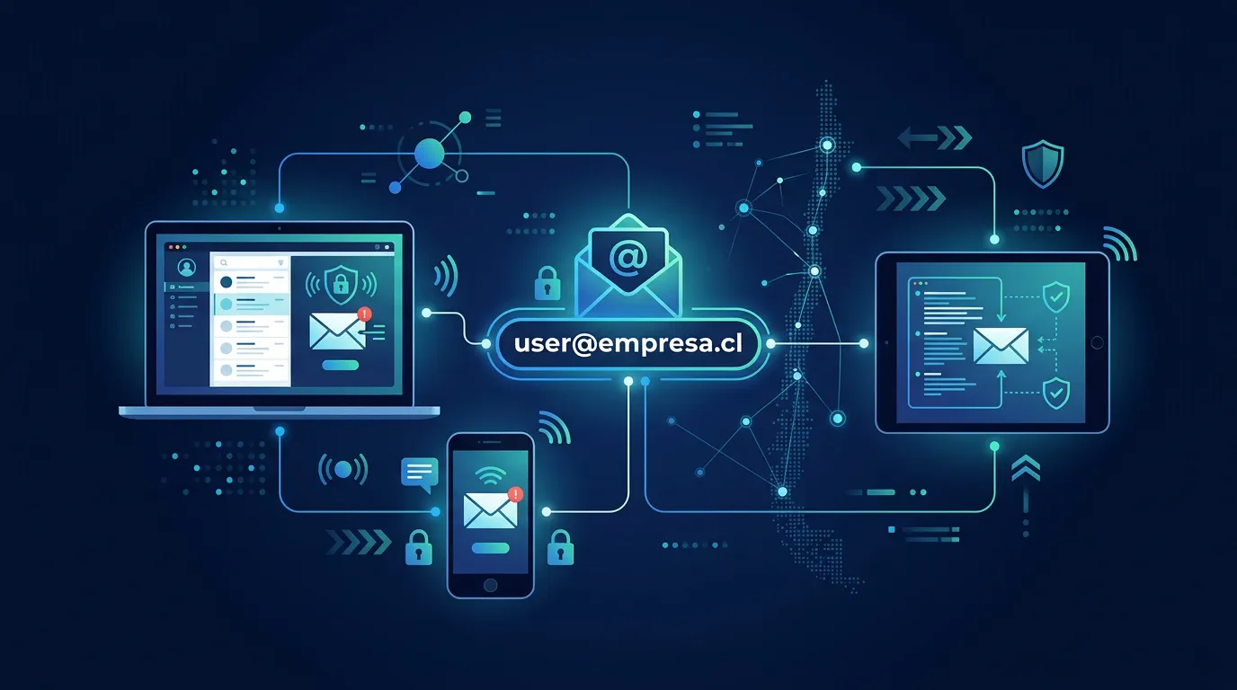 Ilustración de correo corporativo con dominio propio y dispositivos conectados